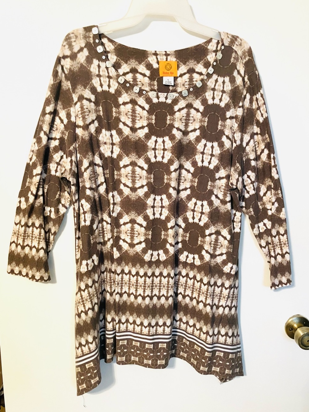 Ruby Rd. Geometric Knit Tunic Top 3/4 Sleeve Scoop Neck Brown Tan Stretch Size L